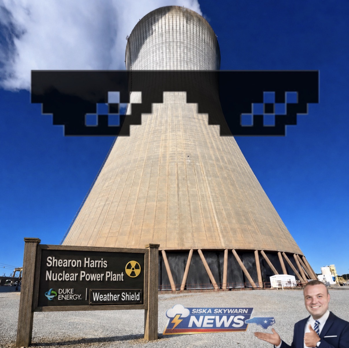 Daniel with the Harris cooling tower and sunglasses artwork