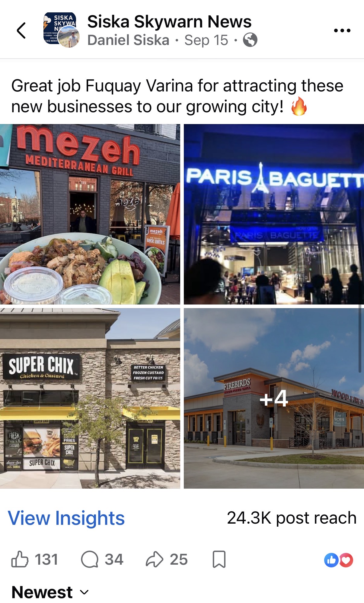 Siska Skywarn News Facebook post featuring Mezeh, Paris Baguette, Super Chix and Firebirds, with 24.3K post reach
