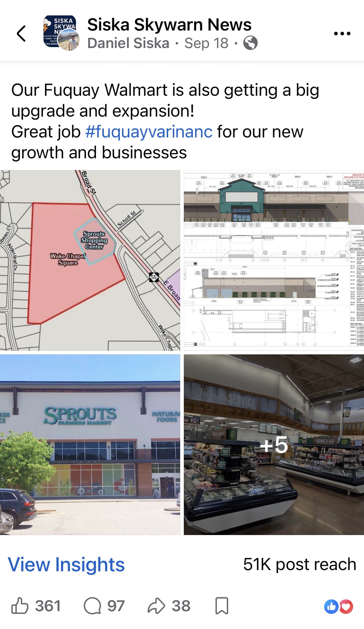 Siska Skywarn News Facebook post about Fuquay shopping developments, with 51K post reach
