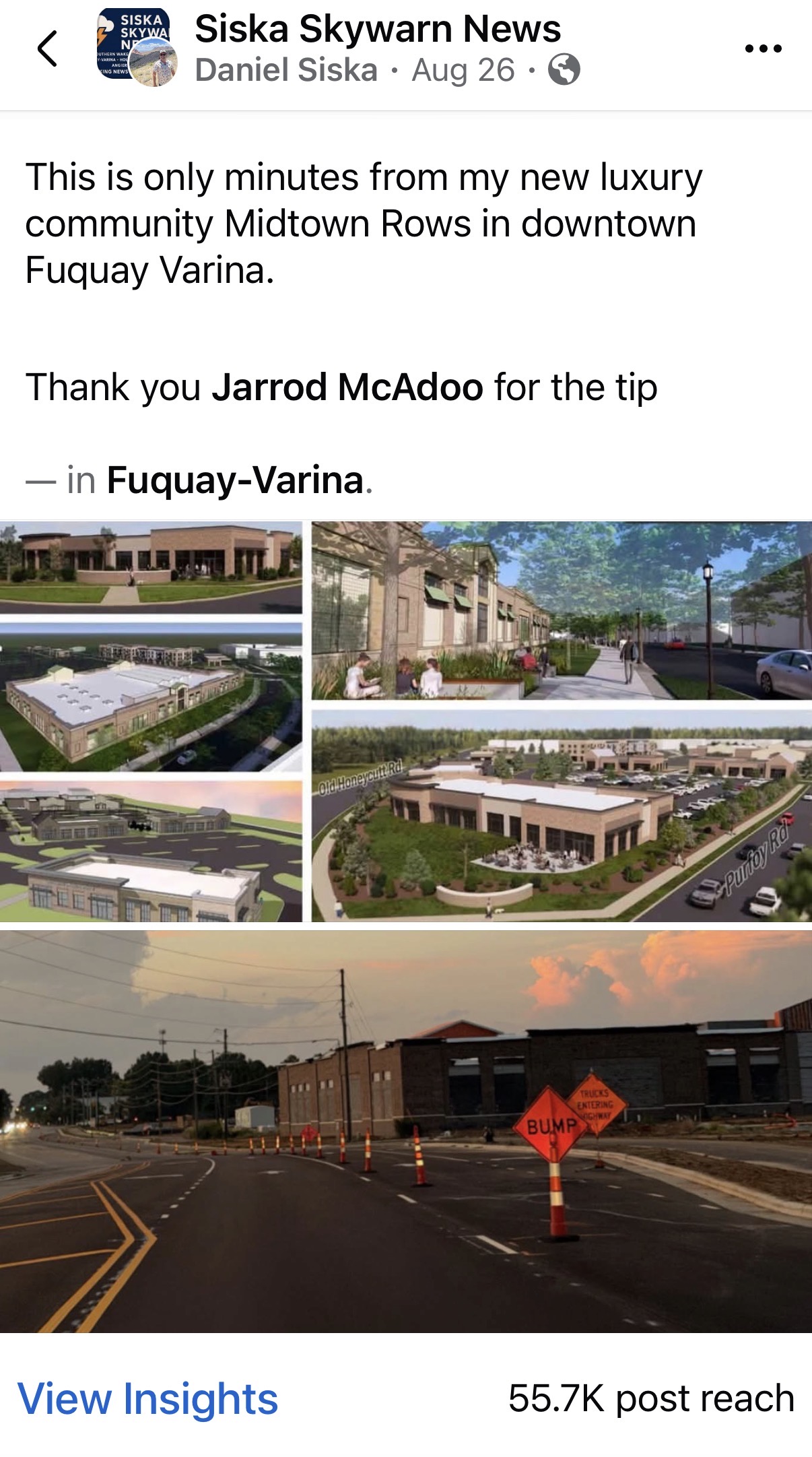 Siska Skywarn News Facebook post showing development renderings and construction near Midtown Rows, with 55.7K post reach