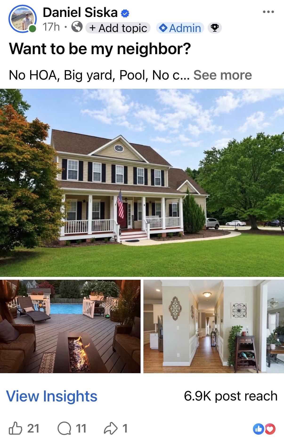 Daniel Siska’s past home feature with house, pool and interior photos, showing 6.9K post reach